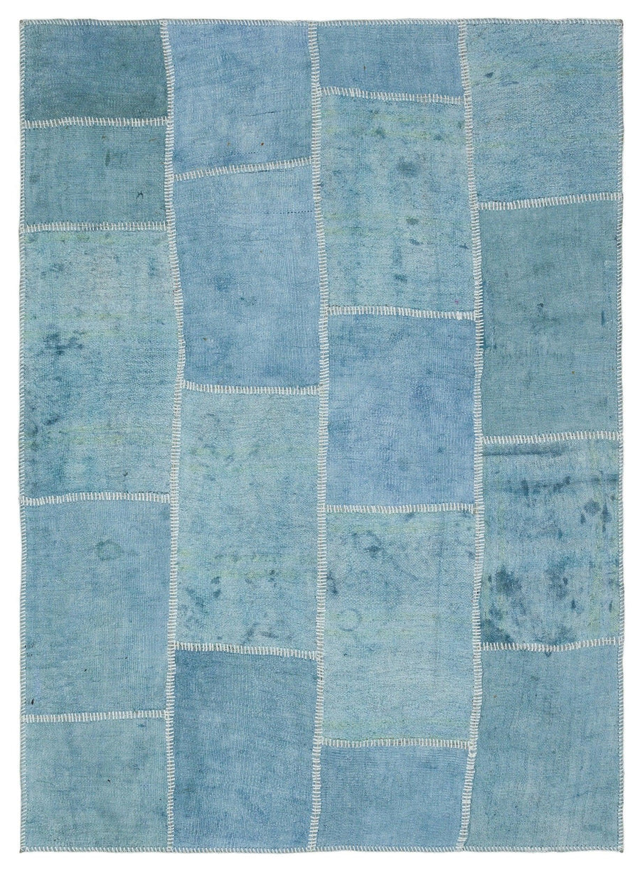 Blue Geometric Patchwork Rug in Wool and Cotton 157x224 cm (5'2" x 7'4") – in the living room