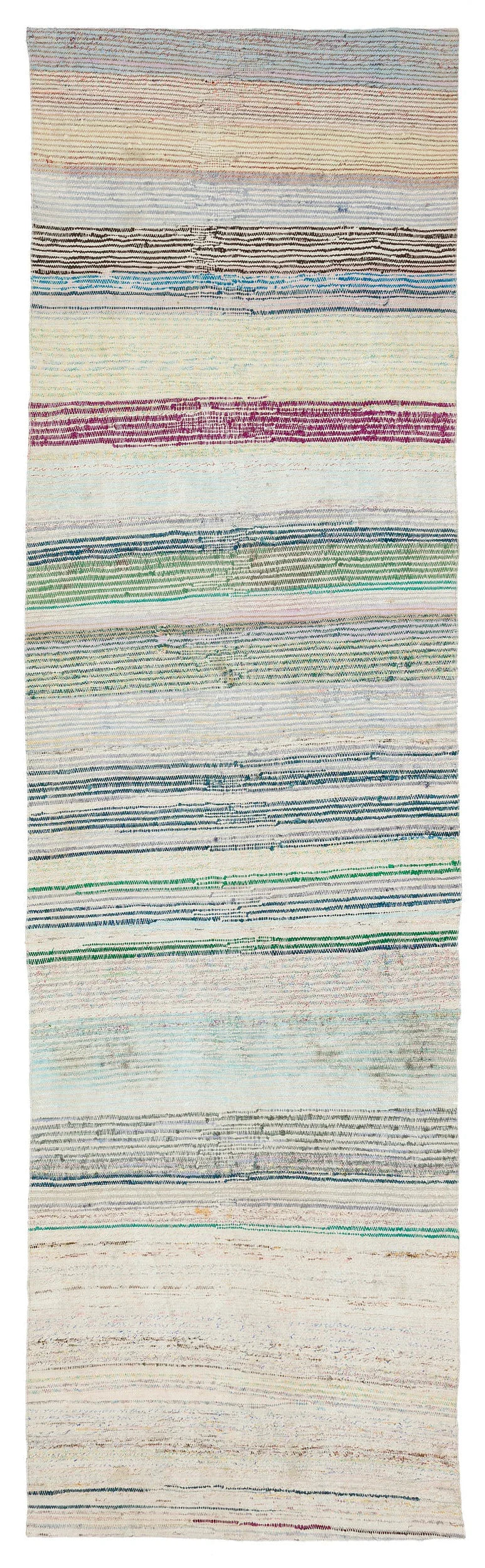 Cream Striped Wool Flatweave Kilim Runner Rug 97x336 cm (3'2" x 11') – in the living room