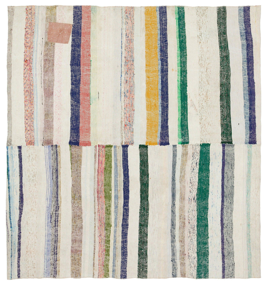 Beyaz Çok Renkli Çizgili Yün El Dokuma Halı 192x178 cm – Koridor kullanımı