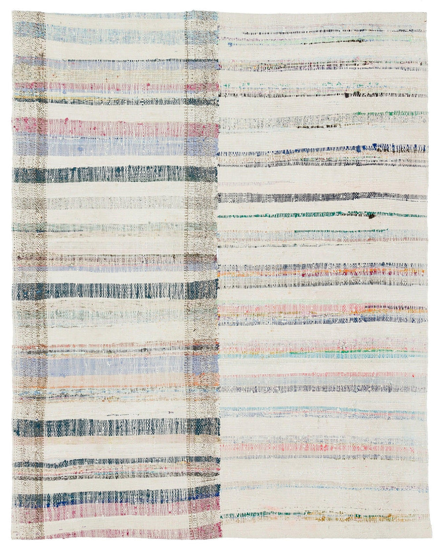 White Striped Flatweave Kilim Rug with Blue & Pink 144x182 cm (4'9" x 6') – in the hallway