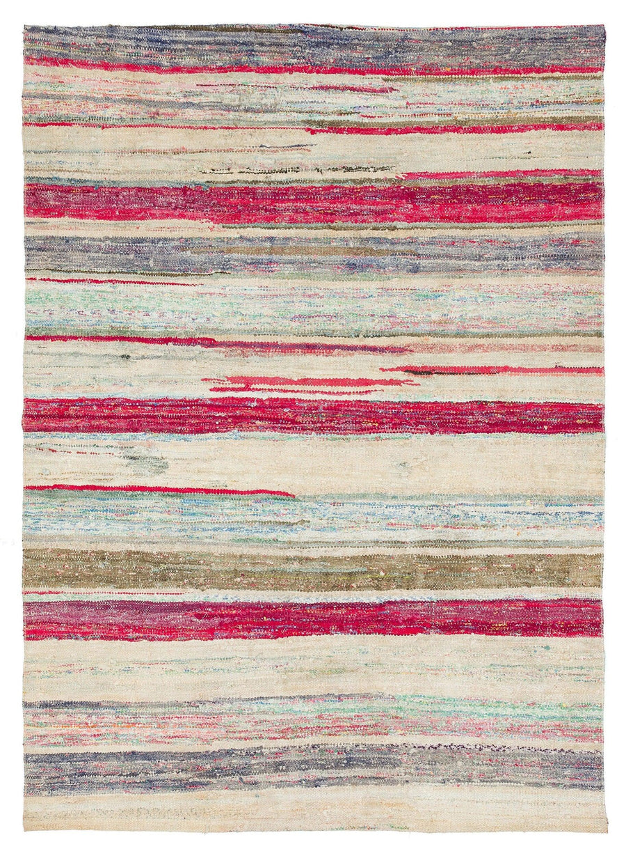 El Dokuma Krem ve Çok Renkli Çizgili Yün Halı 141x194 cm – Koridor kullanımı