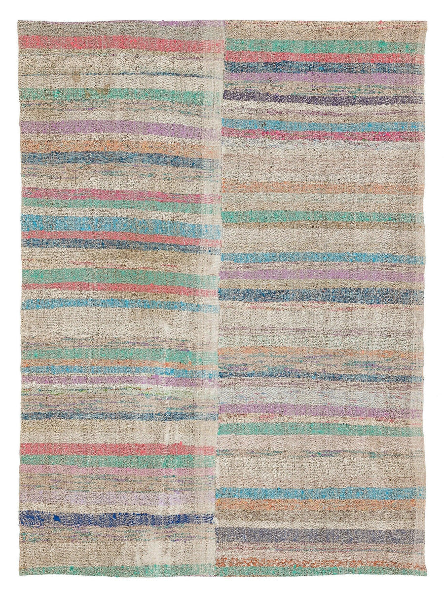 Beige & Multicolored Striped Wool Kilim Rug 141x196 cm (4'8" x 6'5") – in the hallway