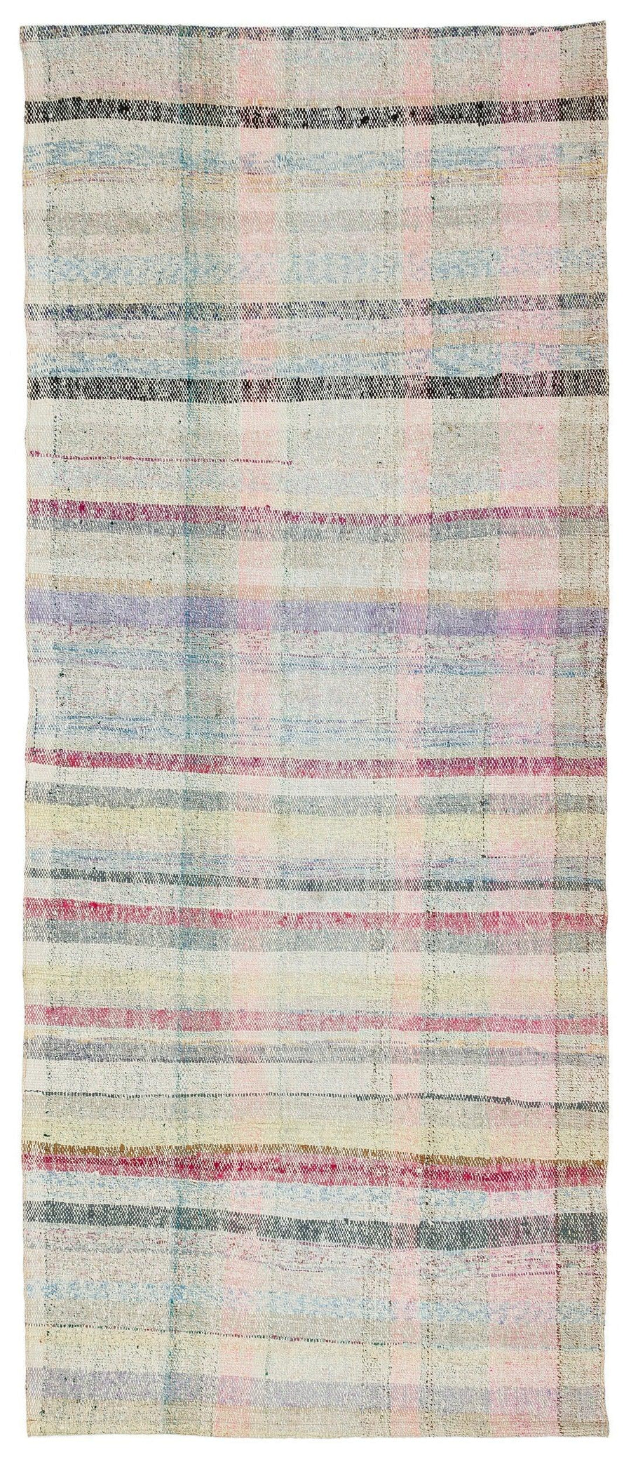 Handgewebter Kelim Läufer in Creme & Rosa gestreift 100x230 cm – im Flur
