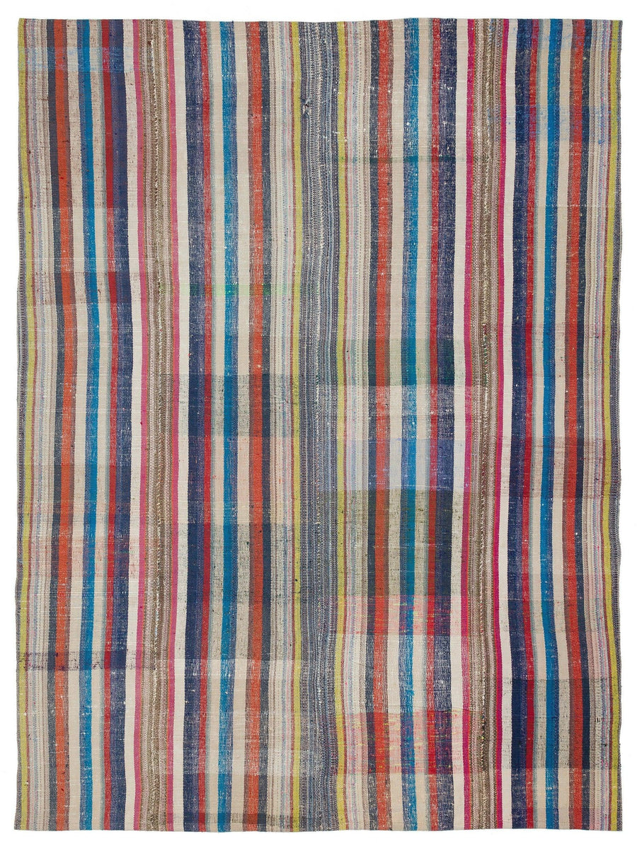 Multicolored Striped Bohemian Hand-Woven Wool Rug 202x265 cm (6'8" x 8'8") – in the hallway