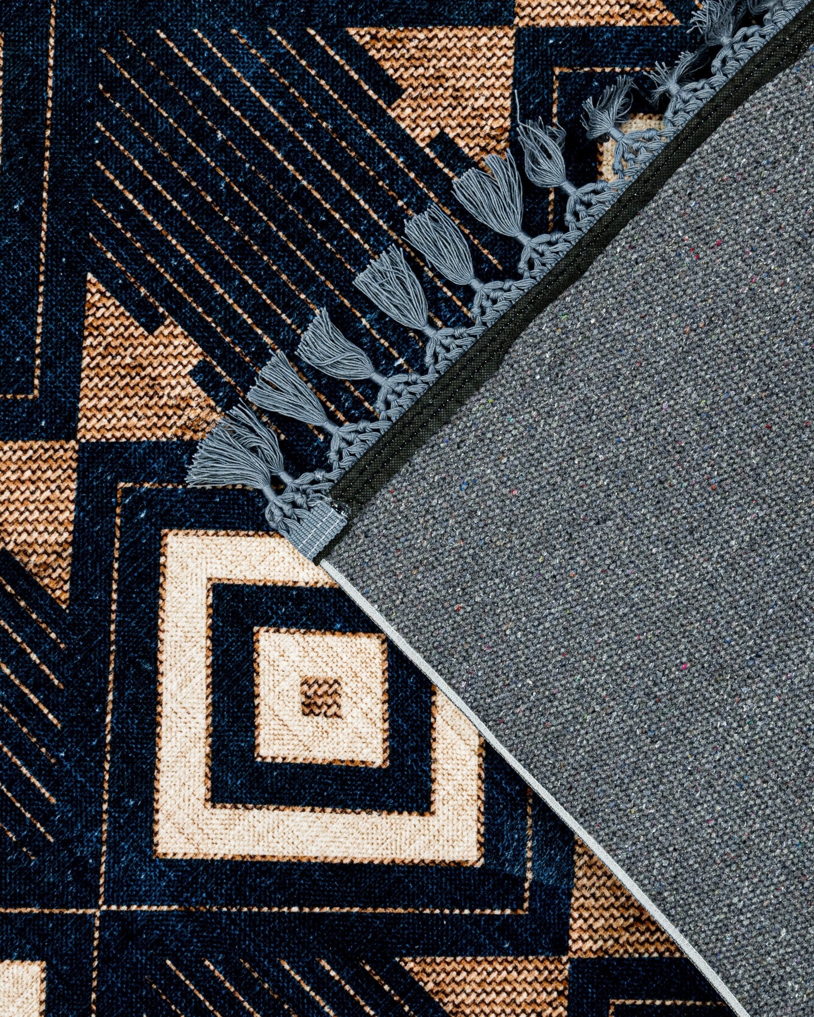 Krem Mavi Baklava Desenli Bohem Triko Halı - Yıkanabilir - Kaymaz Taban - Pati Dostu