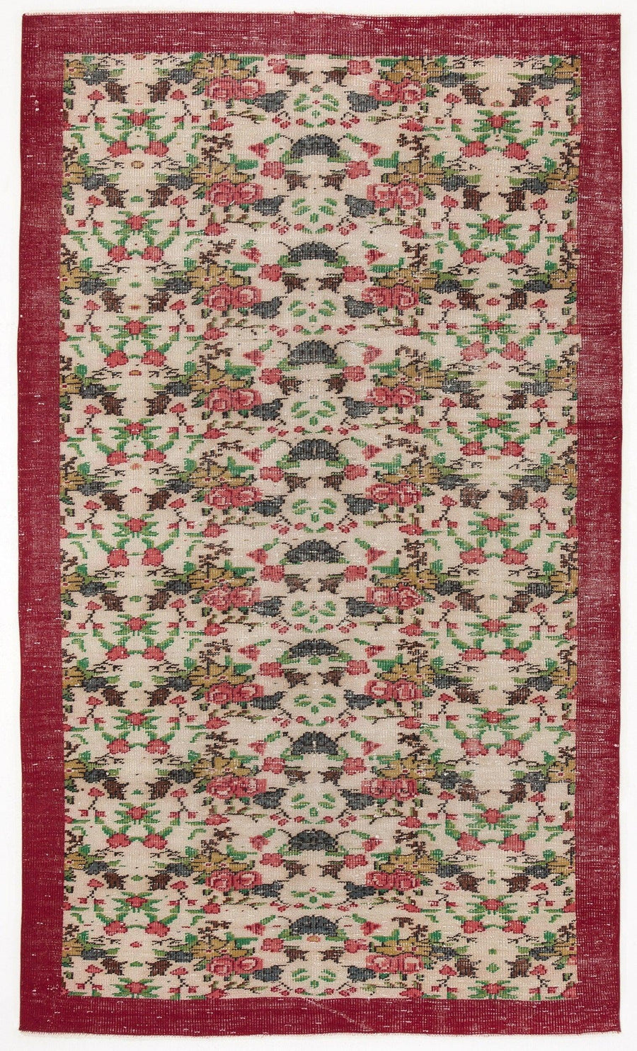 Kırmızı Anadolu Eskitme Çiçekli Yün Halı 159x264 - Özel Seri