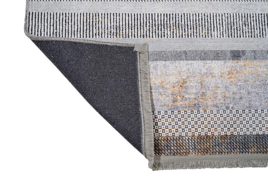 Beyaz Gri Etnik Geometrik Halı - Yıkanabilir - Kaymaz Taban - Pati Dostu