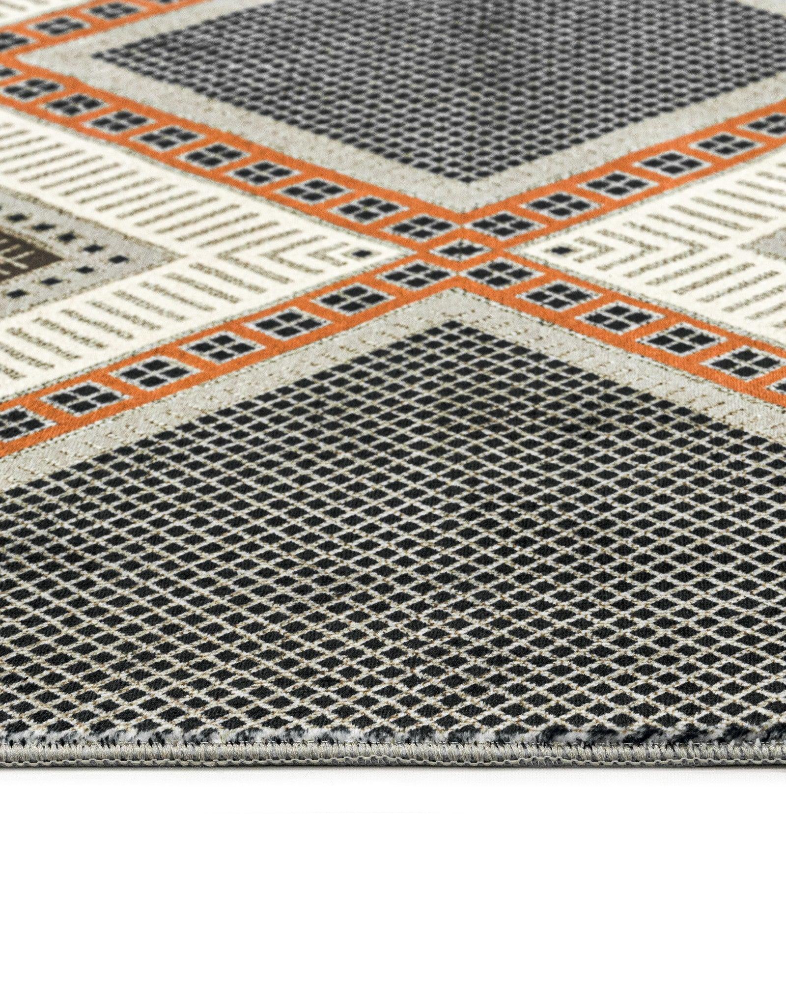 Beyaz Gri Baklava Desenli Bohem Triko Halı - Yıkanabilir - Kaymaz Taban - Pati Dostu