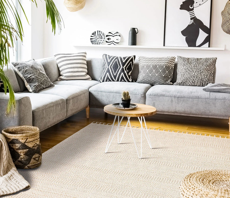 Bej Krem Düz Hasır Triko Halı - Pati Dostu - Toz Vermez