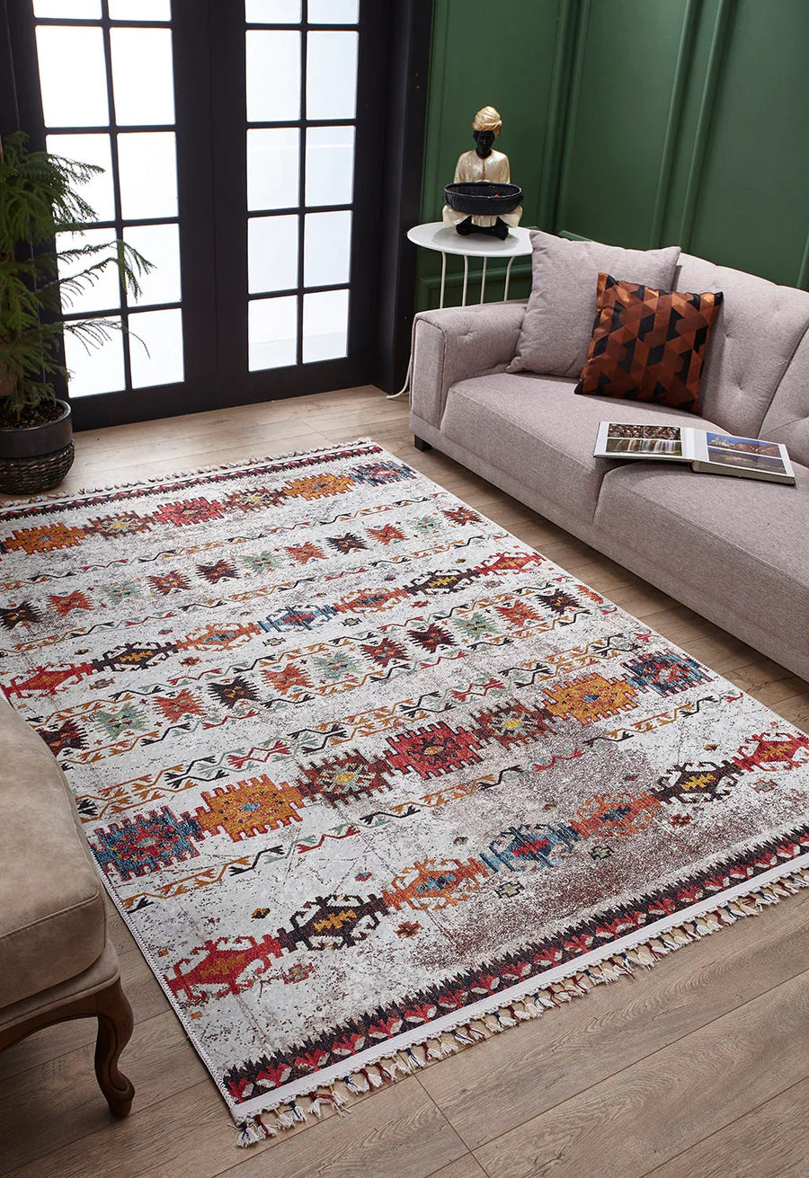 Krem Etnik Desenli Geometrik Halı - Yıkanabilir - Kaymaz Taban - Pati Dostu