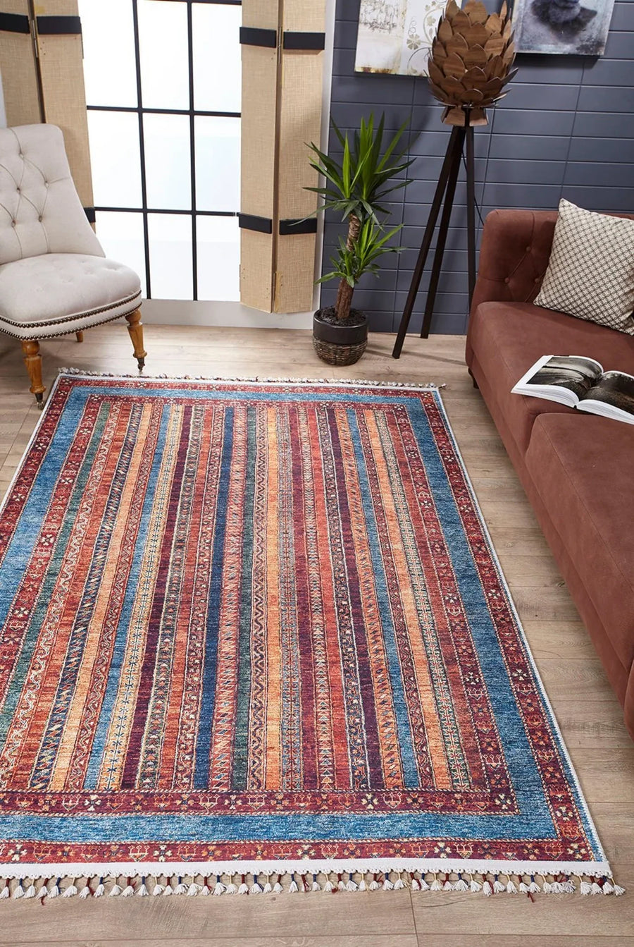 Kırmızı Modern Yatay Desenli Halı - Yıkanabilir - Kaymaz Taban - Pati Dostu