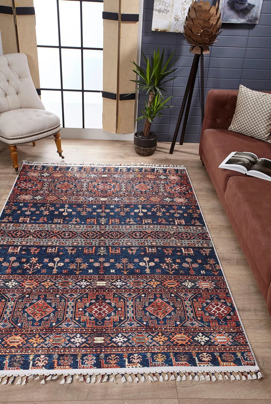 Etnik Geometrik Halı - Yıkanabilir - Kaymaz Taban - Pati Dostu