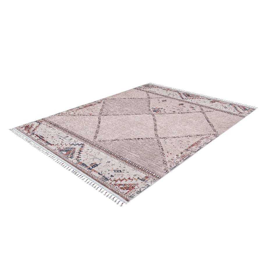 Bej Krem Geometrik Modern Halı - Yıkanabilir - Kaymaz Taban - Pati Dostu