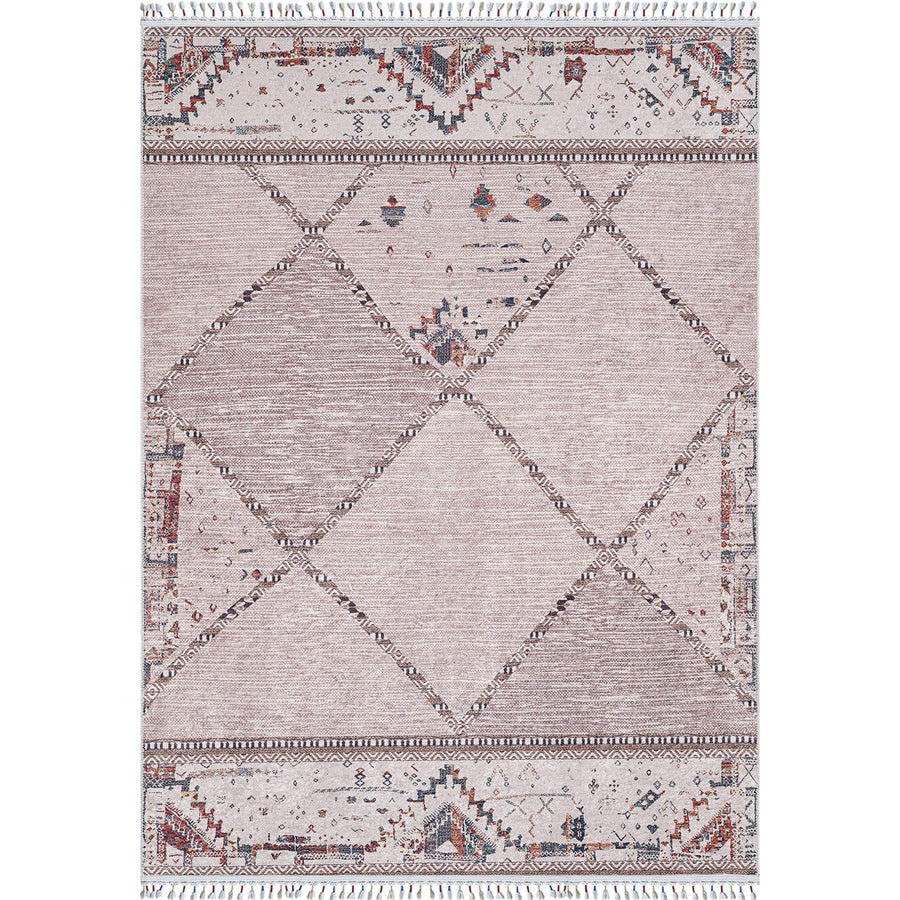 Beiger Teppich mit rotem Ethno-Muster – im Wohnzimmer