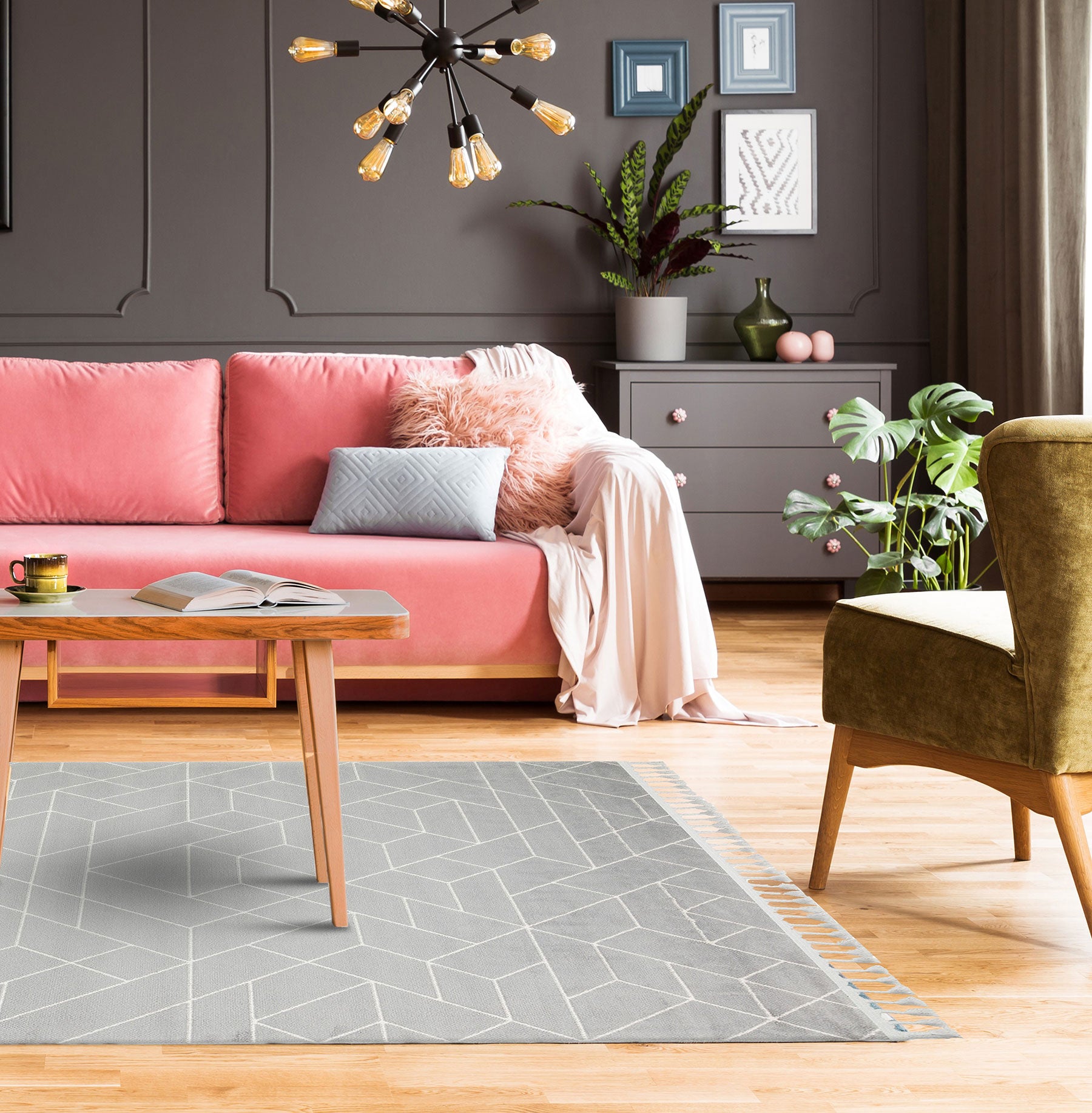 Safi Gri Geometrik Etnik Desenlere Sahip Hav Toz Vermez Yumuşak Dokulu Modern Halı Eko