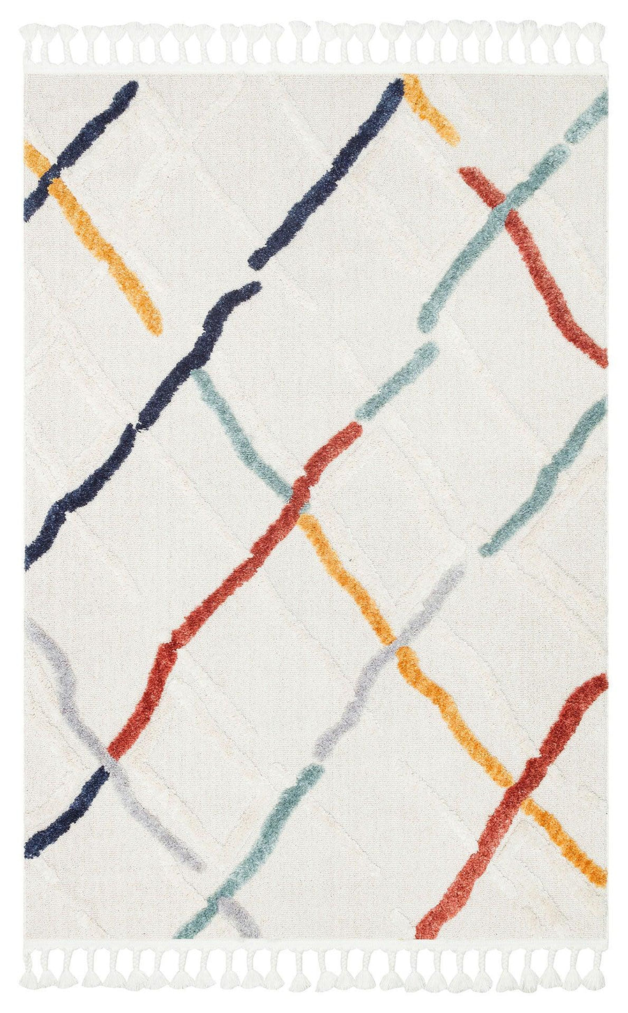 White Area Rug with Multicolored Geometric Pattern – in the living room