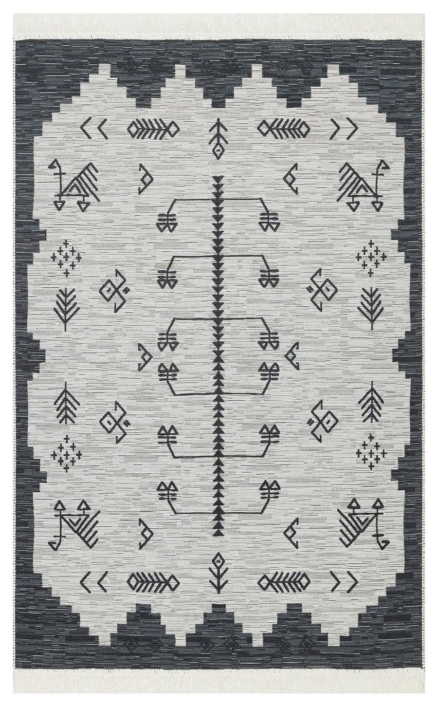 Antrasit Beyaz Dekoratif Etnik Jüt Halı - Yıkanabilir - Pati Dostu - Toz Vermez