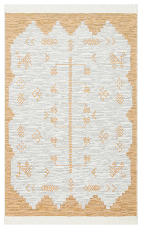 Beyaz Krem Etnik Geometrik Viskon Halı - Pati Dostu - Toz Vermez