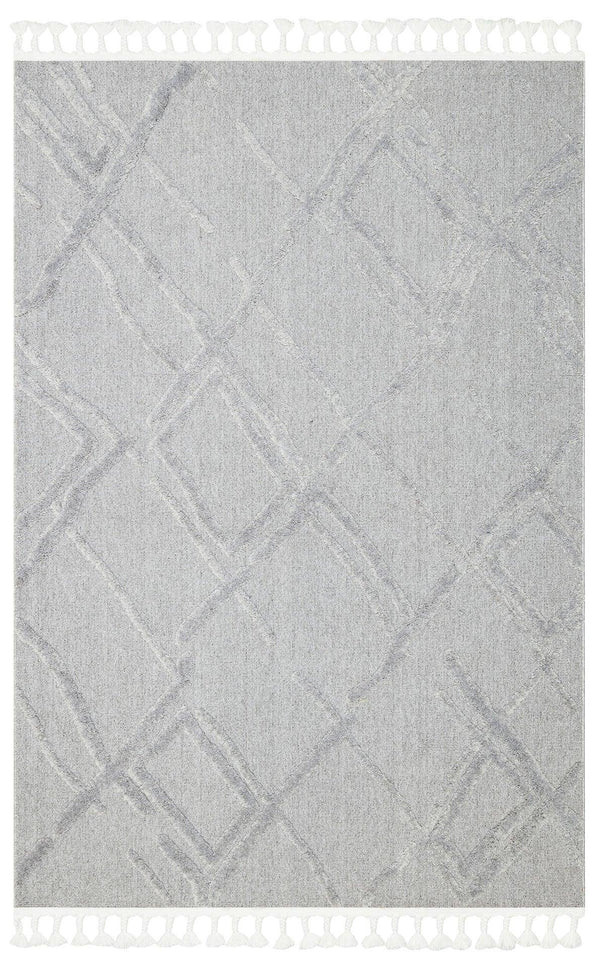 Beyaz Gri Geometrik Modern Triko Halı - Toz Vermez