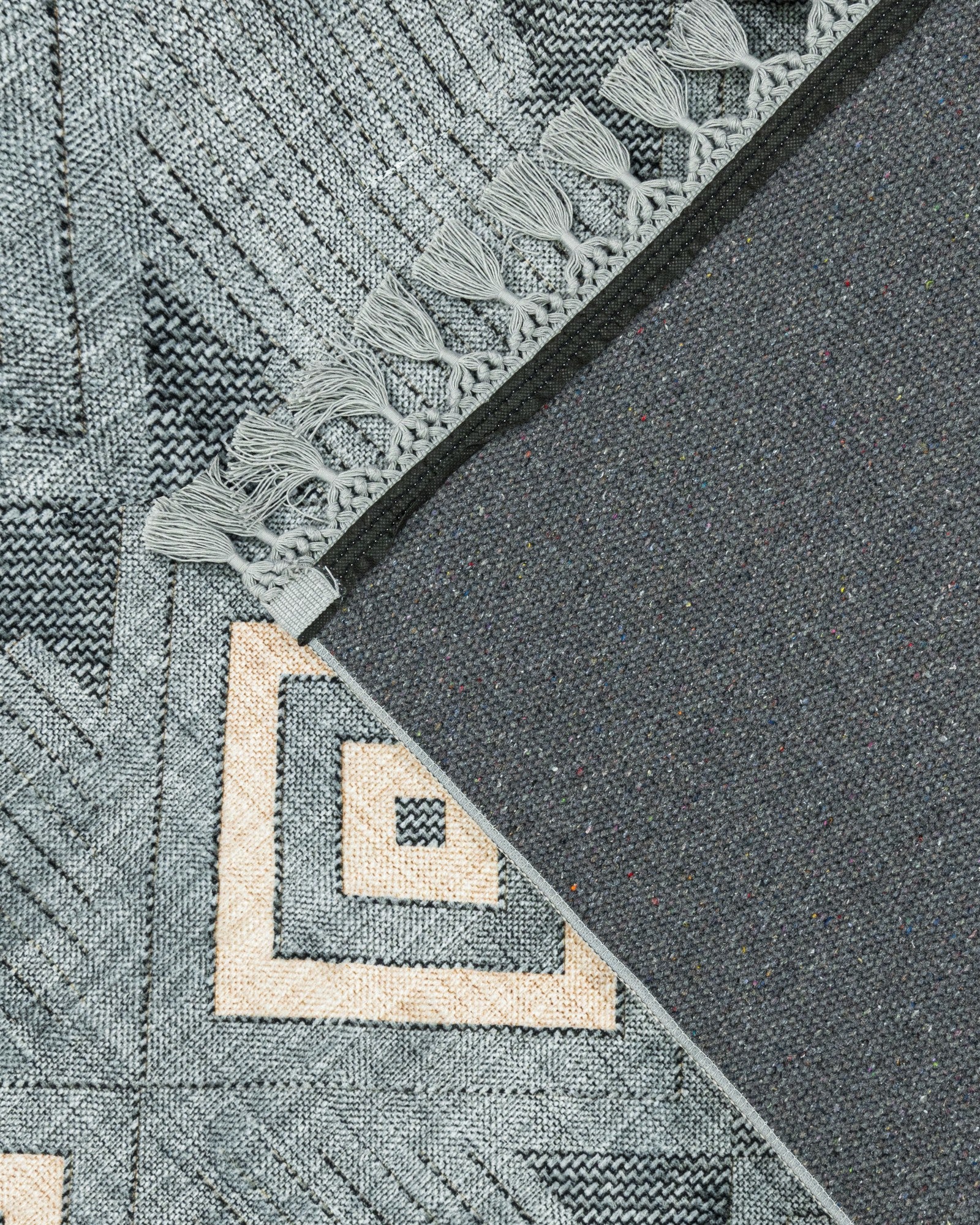 Gri Krem Baklava Desenli Bohem Triko Halı - Yıkanabilir - Kaymaz Taban - Pati Dostu