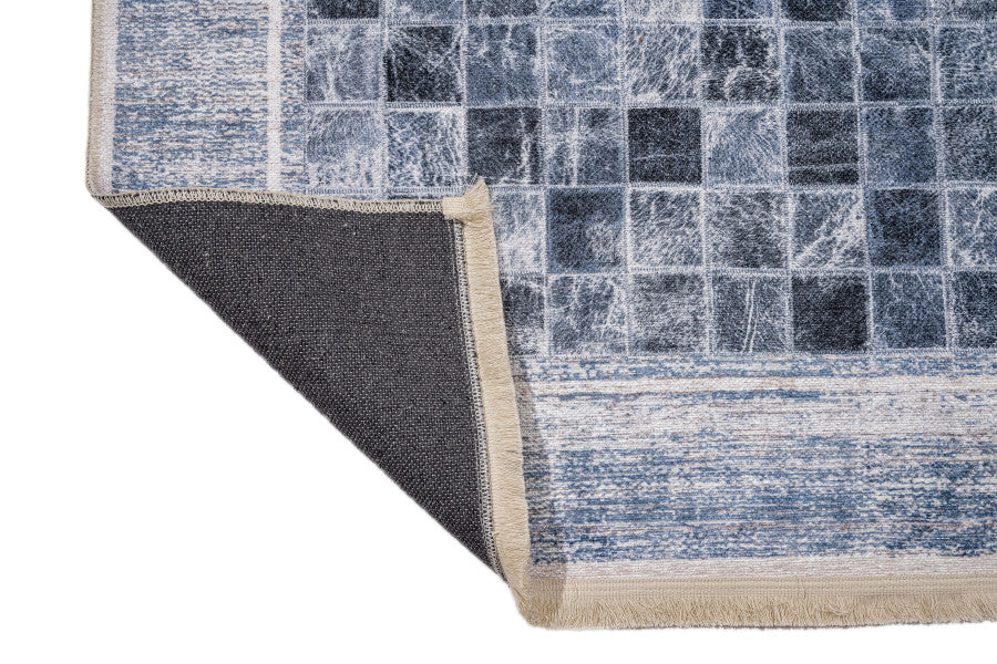 Den Helder Mavi Geometrik Pamuk ve Şönil Dijital Baskı Halı Pia Monte