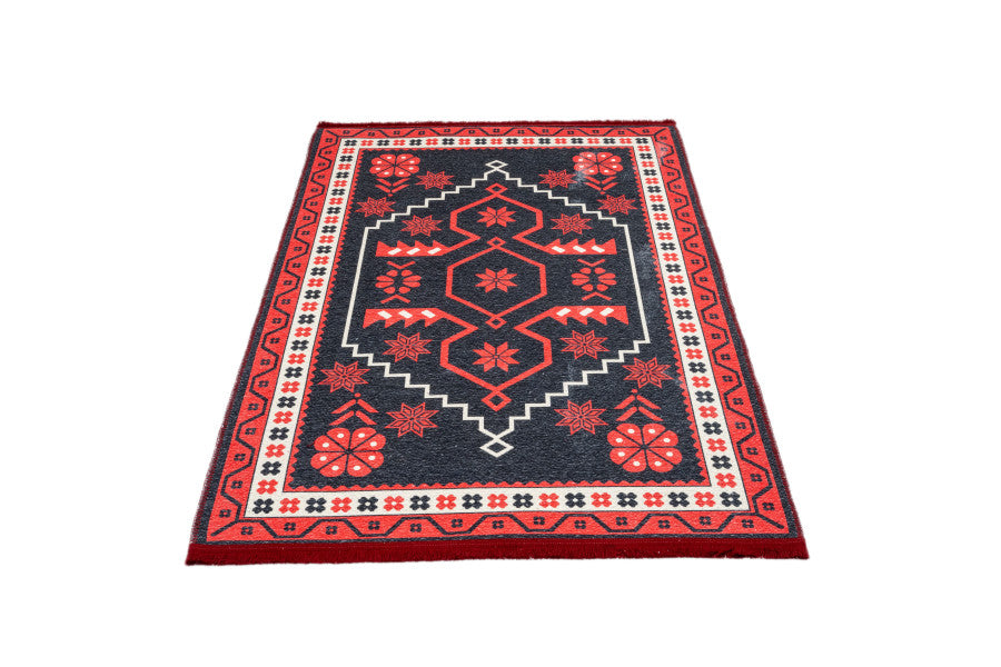 Delft Siyah Çerçeveli Pamuk ve Şönil Dijital Baskı Halı Pia Monte