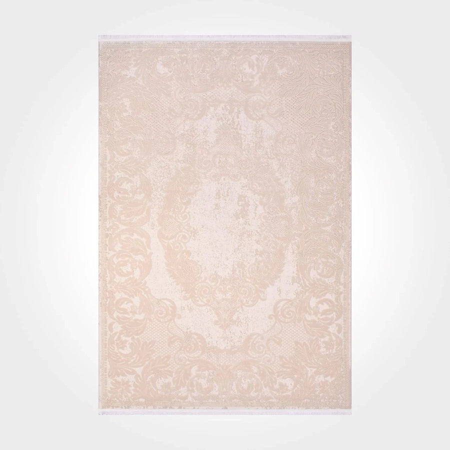 Krem Klasik Madalyonlu Triko Halı - Pati Dostu - Toz Vermez