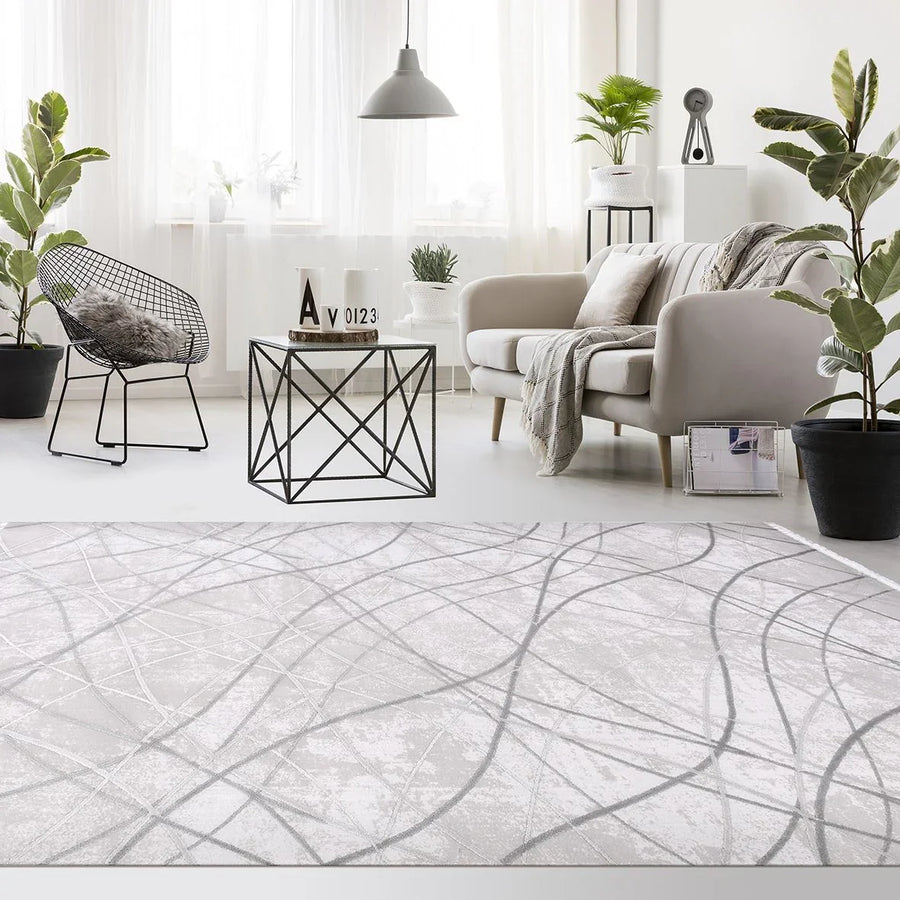 Beyaz Gri Geometrik Modern Triko Halı - Pati Dostu - Toz Vermez