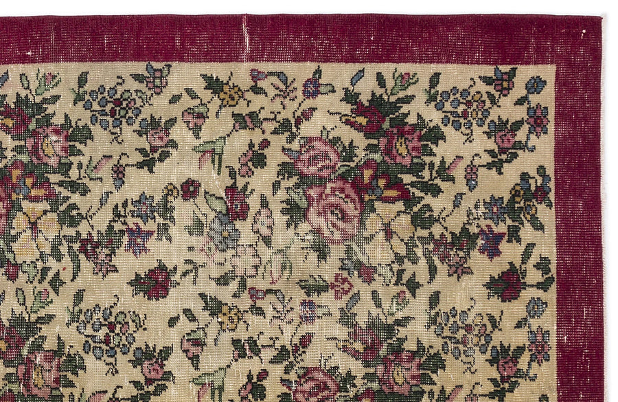Çiçek Desenli Krem El Dokuma Halı Bordo Bordürlü 176x275 cm – Salon kullanımı