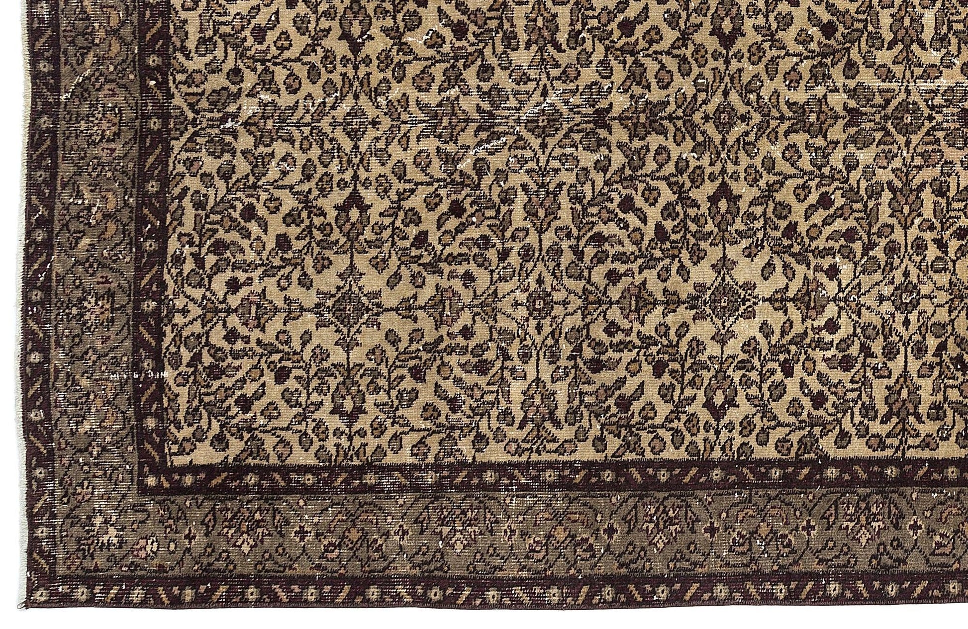 Bej Anadolu Eskitme Çiçekli Yün Halı 146x253 - Özel Seri