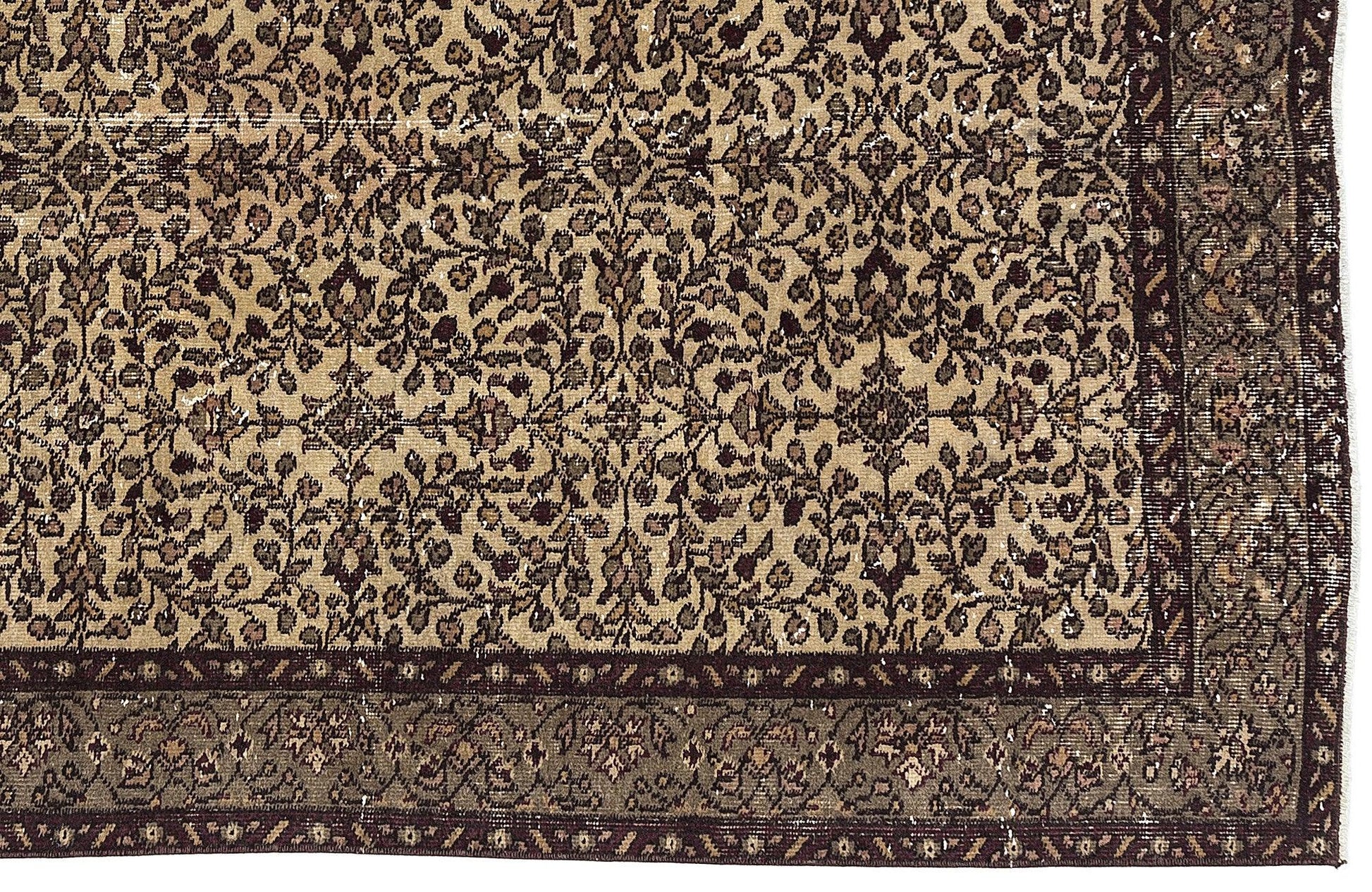 Bej Anadolu Eskitme Çiçekli Yün Halı 146x253 - Özel Seri