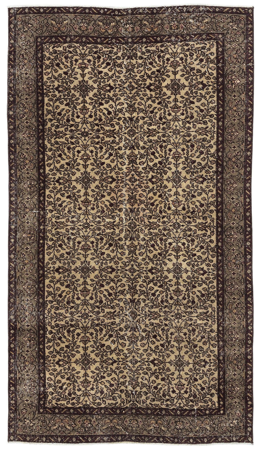 Bej Anadolu Eskitme Çiçekli Yün Halı 146x253 - Özel Seri