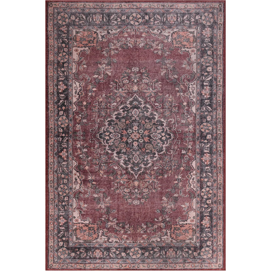 Red and Grey Distressed Medallion Rug – in the living room