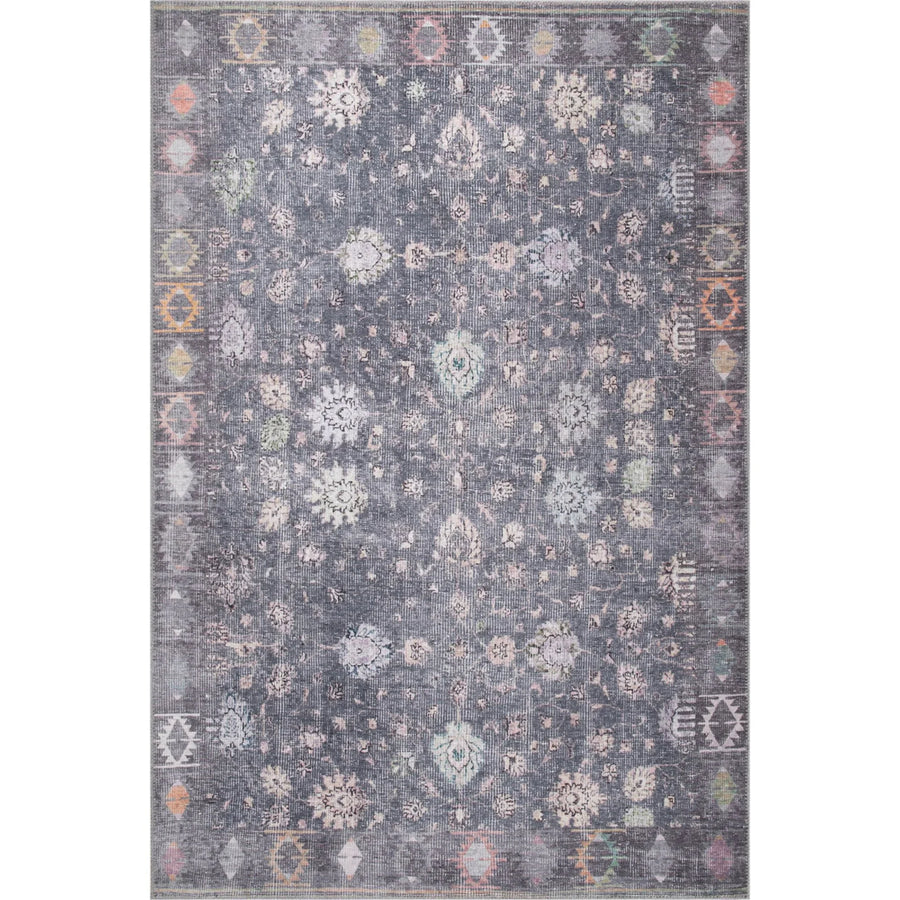 Grey and Pink Abstract Distressed Area Rug – in the living room