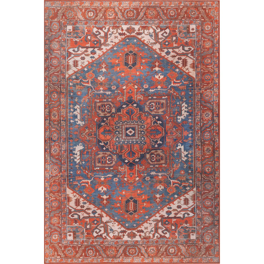 Roter Teppich mit blauem Ethno-Medaillon-Muster – im Wohnzimmer