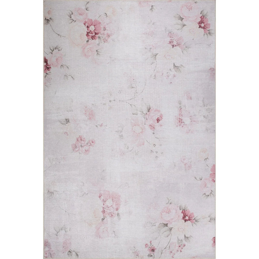 Pink and White Floral Machine Washable Area Rug – in the living room