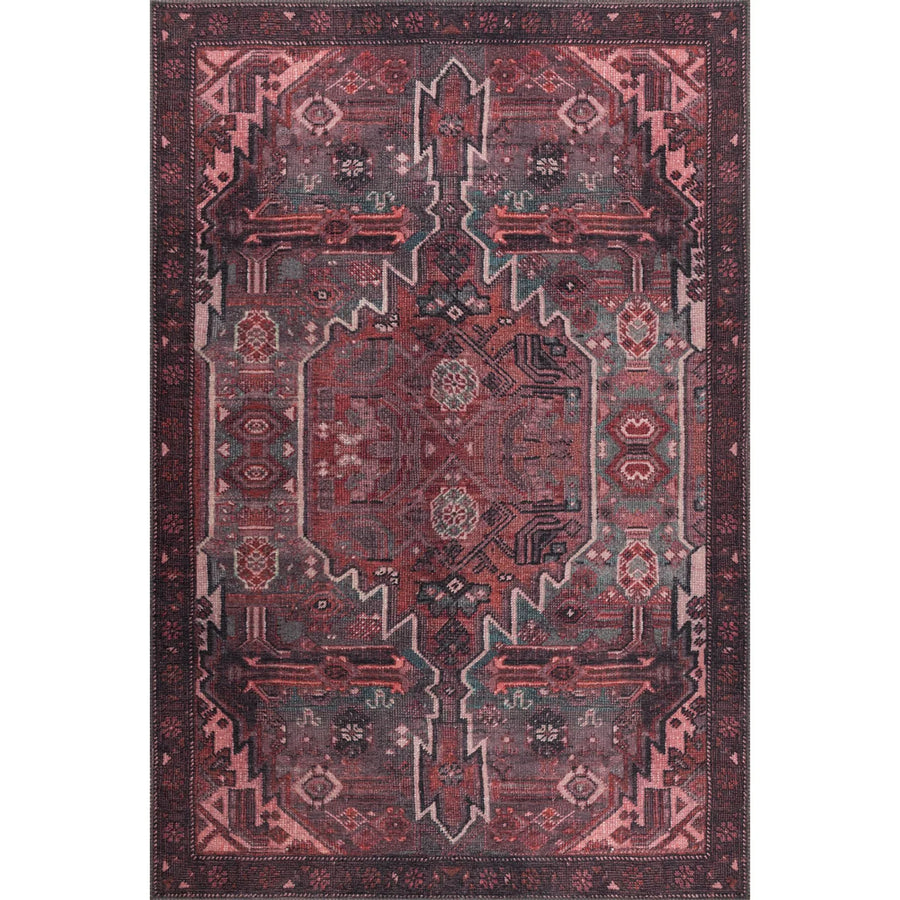 Burgundy & Grey Geometric Area Rug – in the living room