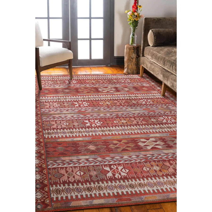 Krem Kırmızı Bohem Bordürlü Halı - Yıkanabilir - Kaymaz Taban - Pati Dostu