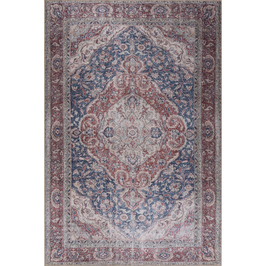 Blue and Red Medallion Cotton Area Rug – in the living room