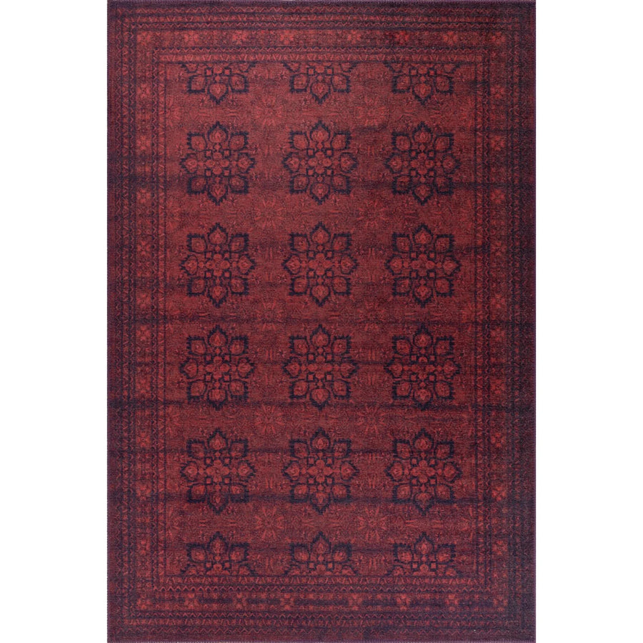 Red and Navy Blue Geometric Area Rug – in the living room