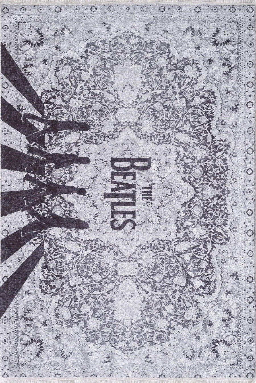 Beyaz Gri Klasik Desenli Modern Halı - Yıkanabilir - Kaymaz Taban - Pati Dostu