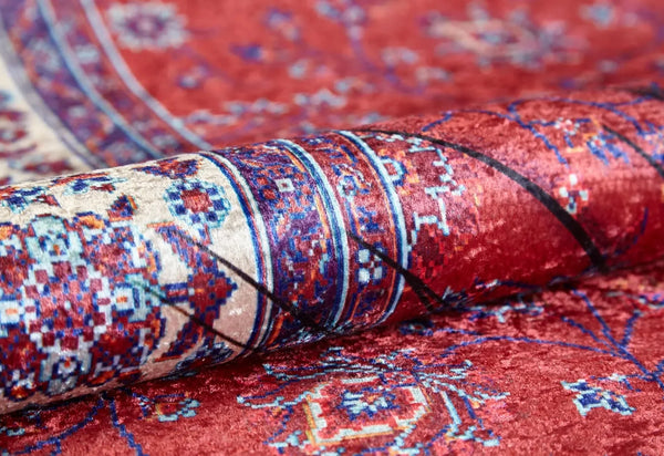 Kırmızı Eskitme Modern Halı - Yıkanabilir - Kaymaz Taban - Pati Dostu