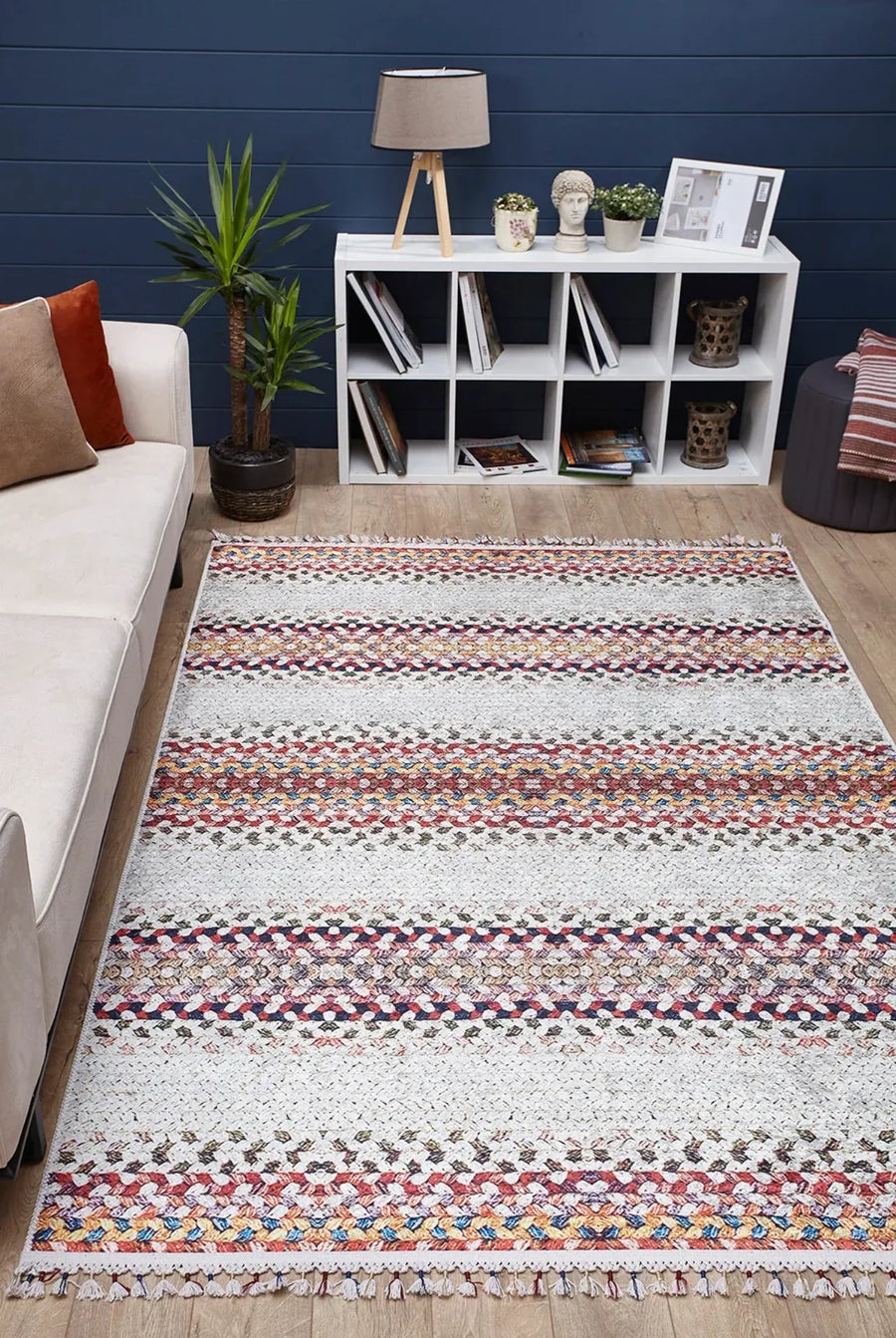 Krem Vizon Modern Çizgili Halı - Yıkanabilir - Kaymaz Taban - Pati Dostu