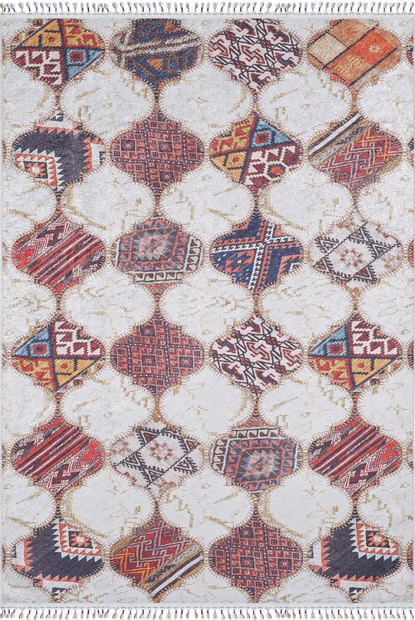 Beyaz Gri Geometrik Modern Halı - Yıkanabilir - Kaymaz Taban - Pati Dostu