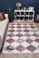 Cream Red Bohemian Kilim Geometric Kitchen Rug - Polyester Digital Print