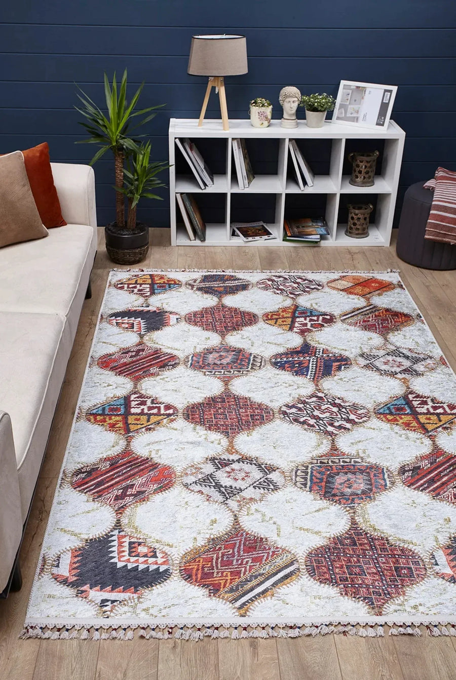 Beyaz Gri Geometrik Modern Halı - Yıkanabilir - Kaymaz Taban - Pati Dostu