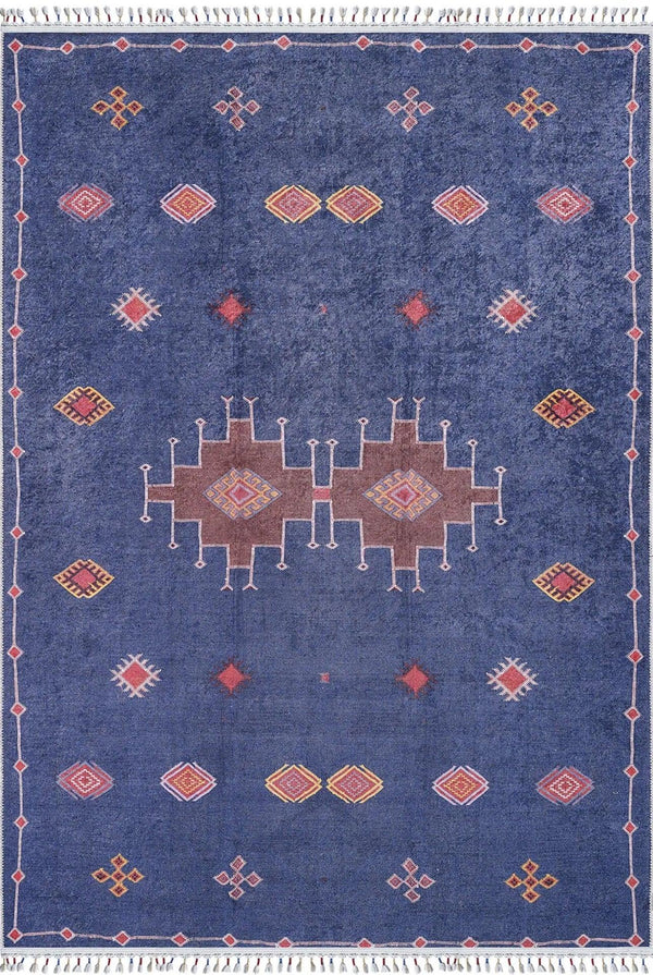 Mavi Etnik Geometrik Halı - Yıkanabilir - Kaymaz Taban - Pati Dostu