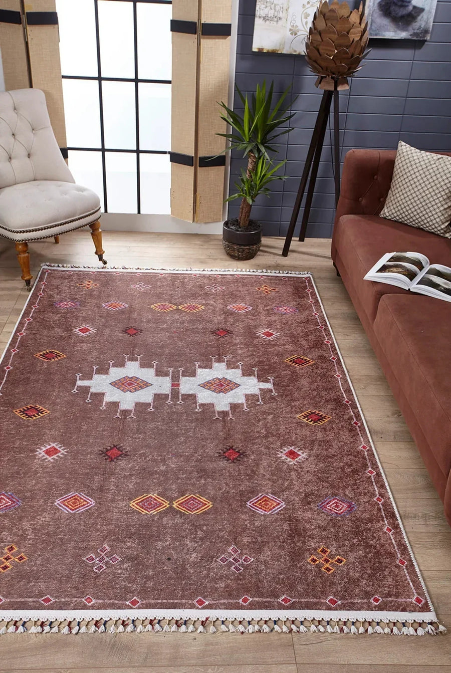 Vizon Etnik Geometrik Halı - Yıkanabilir - Kaymaz Taban - Pati Dostu