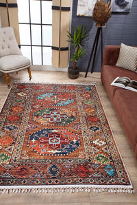 Brown Geometric Area Rug with Blue Accents