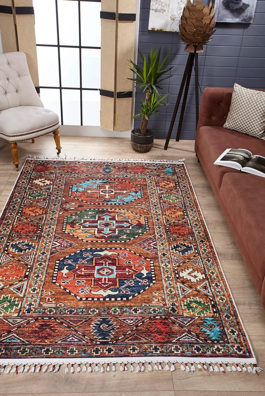 Etnik Geometrik Halı - Yıkanabilir - Kaymaz Taban - Pati Dostu